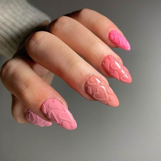 textured hearts Valentine's day nail art